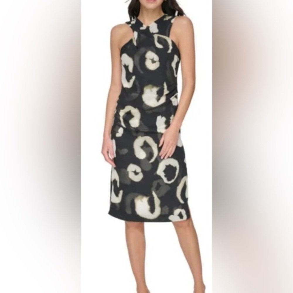 DKNY Black and Cream Abstract Fabric Twist Neck Sleeveless Dress Size 8